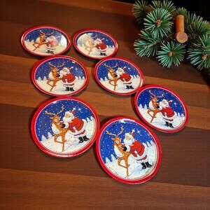 Vintage Metal Tin Christmas Drink Coasters Santa Reindeer Rudolph Set of 7